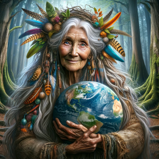 GLOBE-12-29 22.29.04 - An old wild woman with long, flowing silver hair decorated with colorful feathers, hugging a large, detailed globe. She has wise, deep-set eyes and a