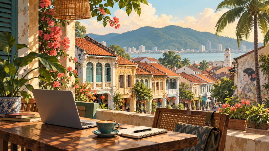 Illustration of a laptop and coffee overlooking Penang-inspired heritage shophouses and tropical hills.