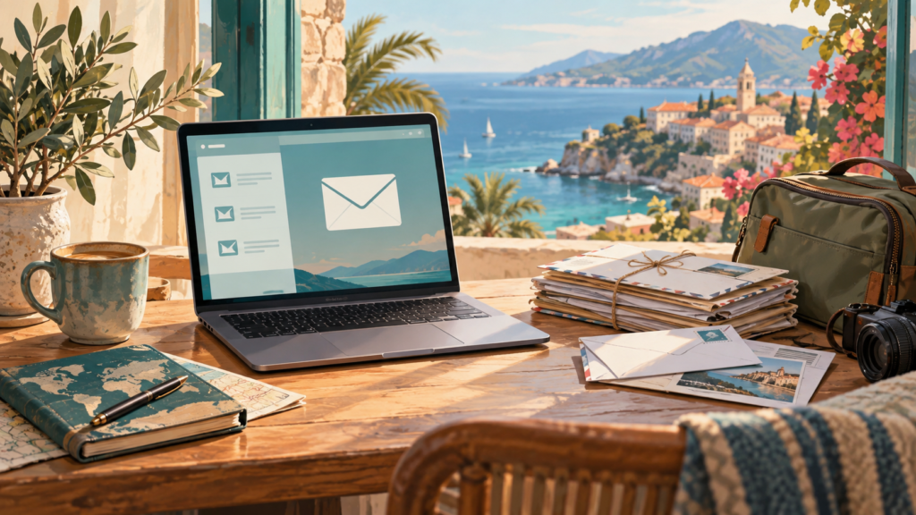 Illustration of a laptop with digital mail icons, postal envelopes and a travel bag overlooking a coastal town.