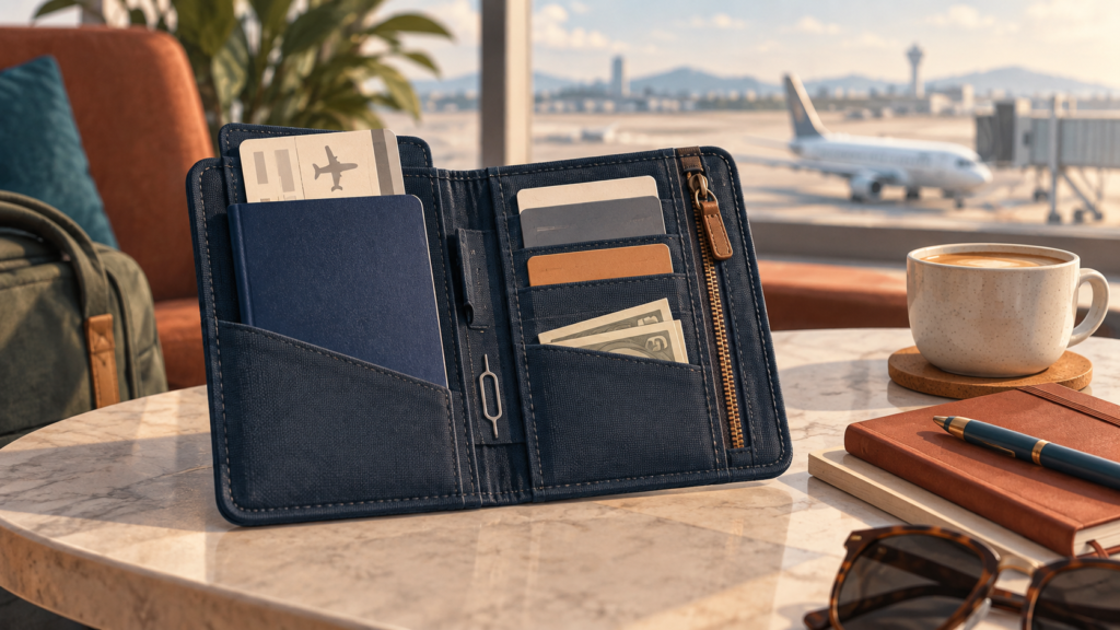 Illustration of an open travel wallet with passport, cards and travel documents in an airport lounge