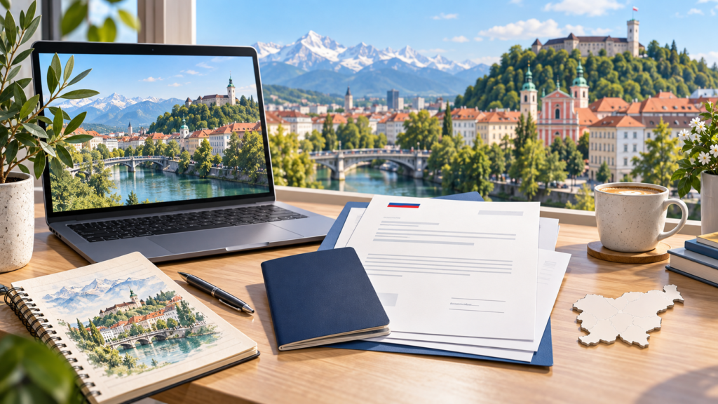 Illustration of a remote-work desk with residence documents overlooking Ljubljana, Slovenia