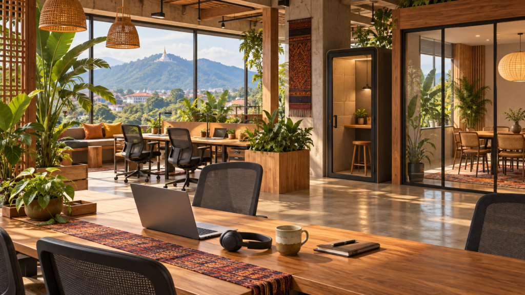 Illustration of a warm Chiang Mai coworking space with desks, a phone booth and mountain view