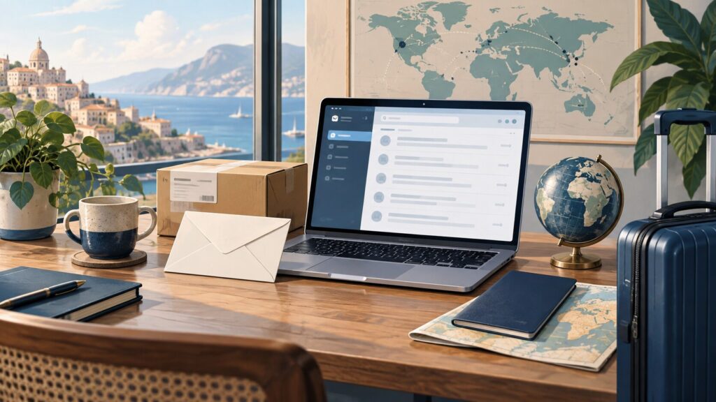 Illustration of a laptop, envelope and parcel representing virtual mailbox management for digital nomads