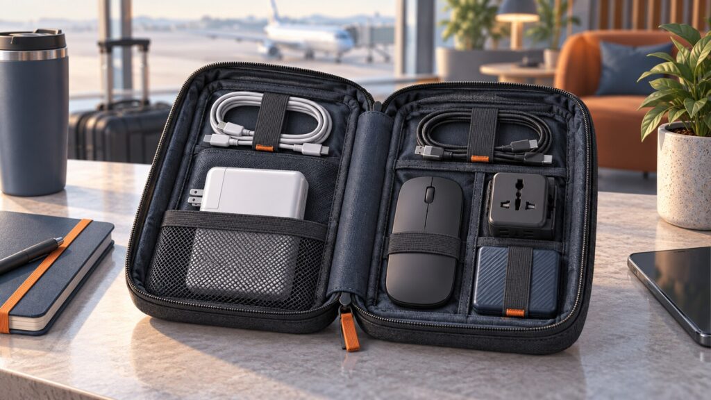 Illustration of an open tech organizer holding a charger, cables, mouse, travel adapter and portable drive