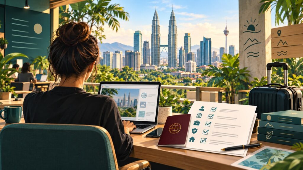 Illustration of a remote worker reviewing a digital nomad pass checklist with the Kuala Lumpur skyline