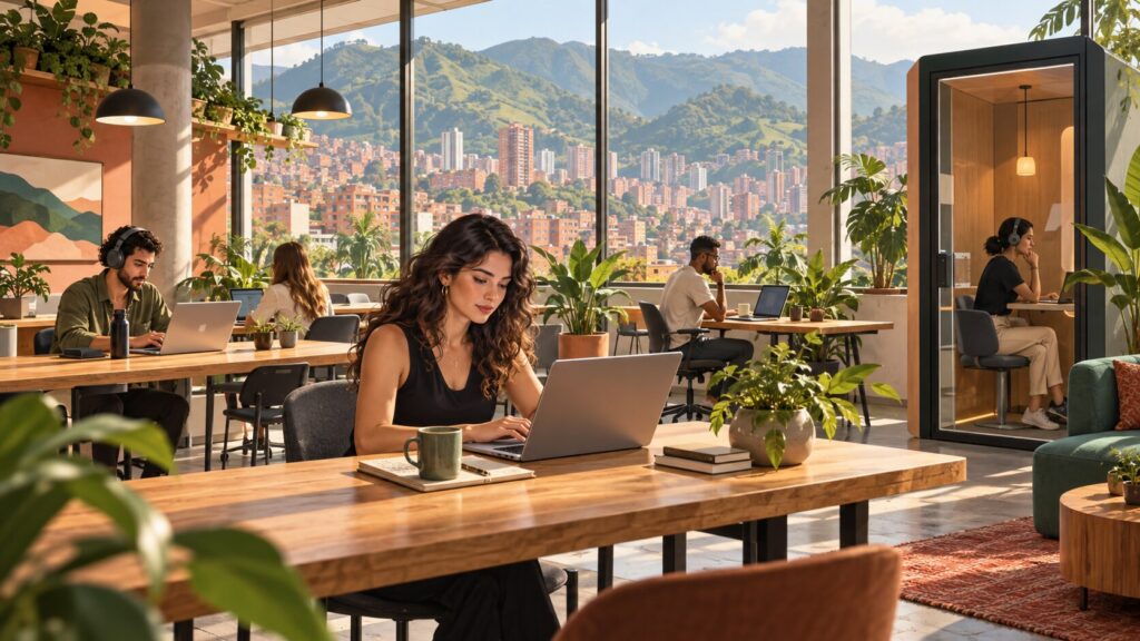 Illustration of remote workers in a Medellín coworking space with mountains beyond
