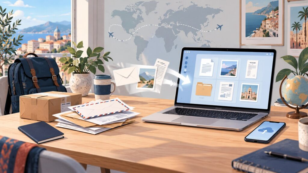 Illustration of physical mail being organized digitally for a traveling remote worker