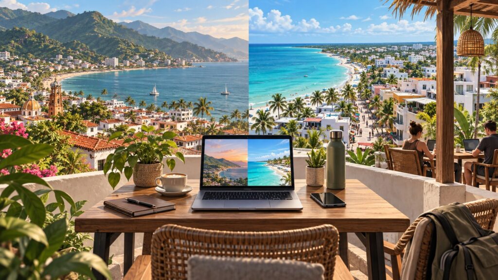 Illustration comparing Puerto Vallarta’s mountain bay with Playa del Carmen’s Caribbean coast