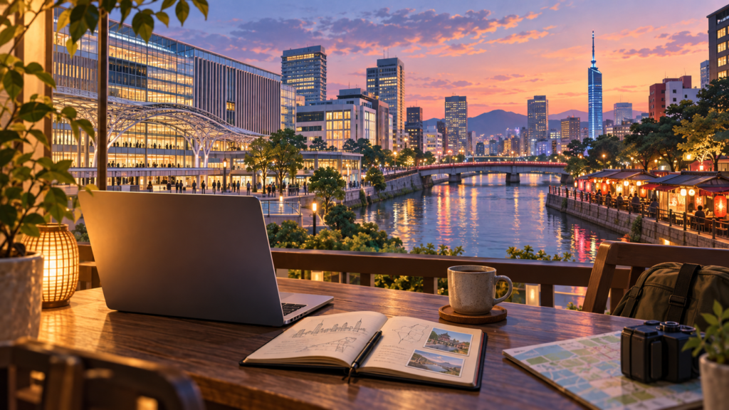 Editorial illustration of a remote-work desk overlooking Fukuoka at sunset