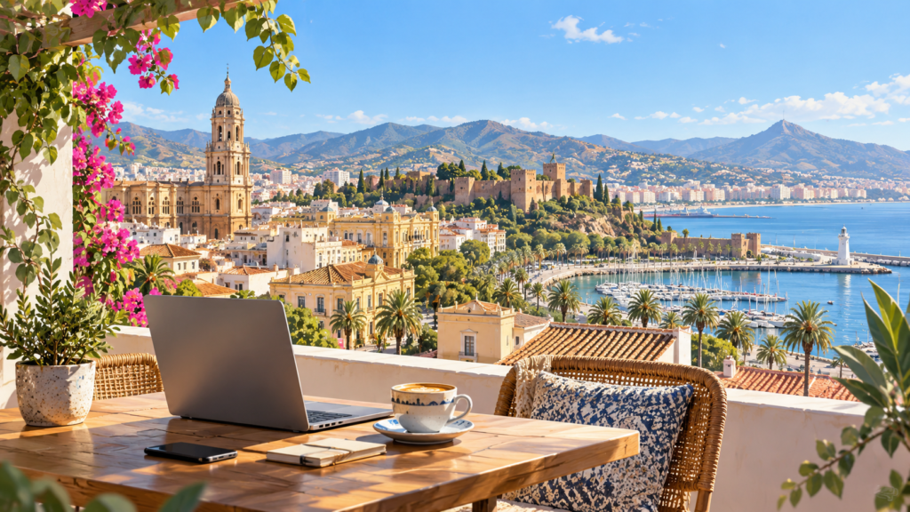 Editorial illustration of a remote-work terrace overlooking Málaga and the Mediterranean