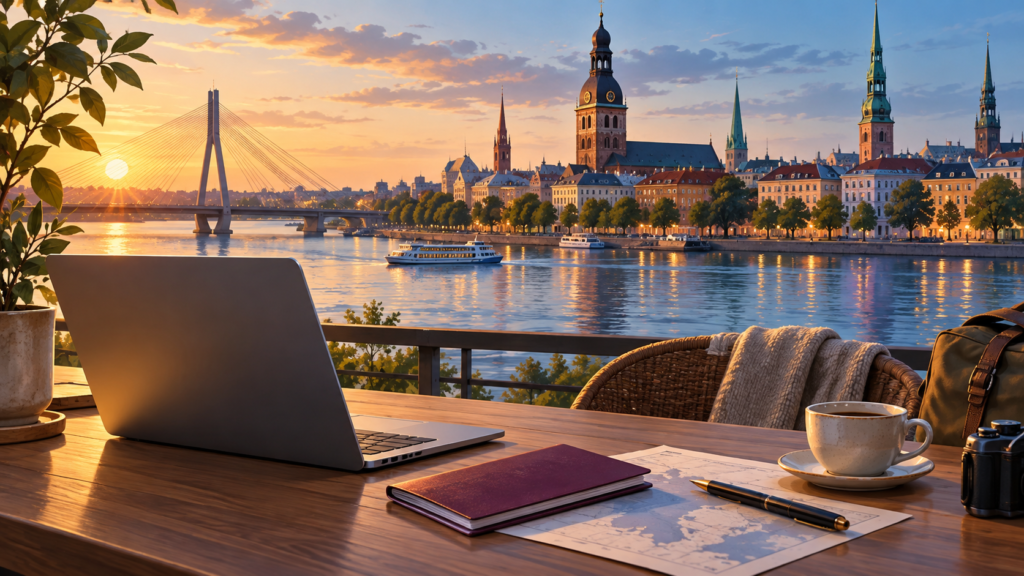 Editorial illustration of a remote-work desk overlooking Riga and the Daugava River