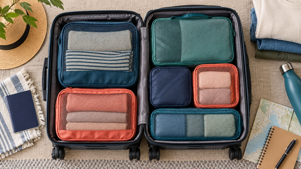 Editorial illustration of packing cubes arranged inside an open carry-on suitcase