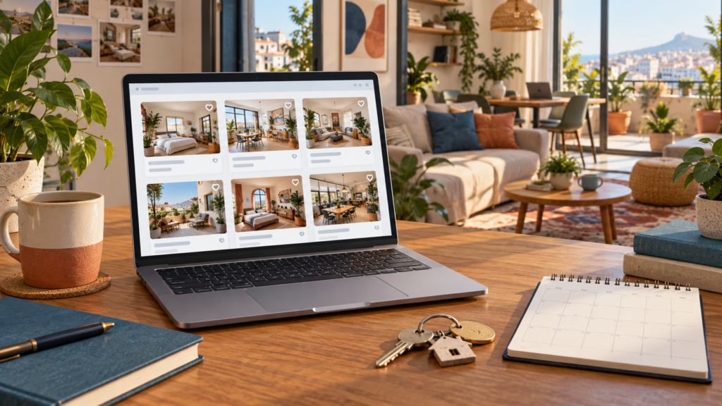 Editorial illustration of a laptop comparing monthly apartment and coliving listings