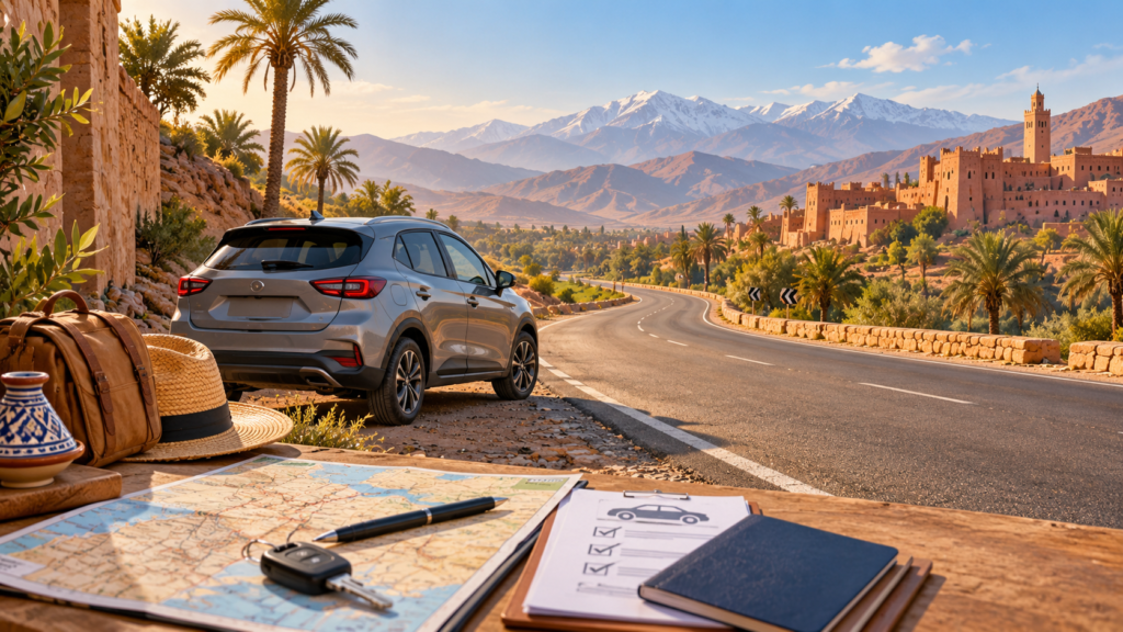 Editorial illustration of an unbranded rental car on a scenic road in Morocco