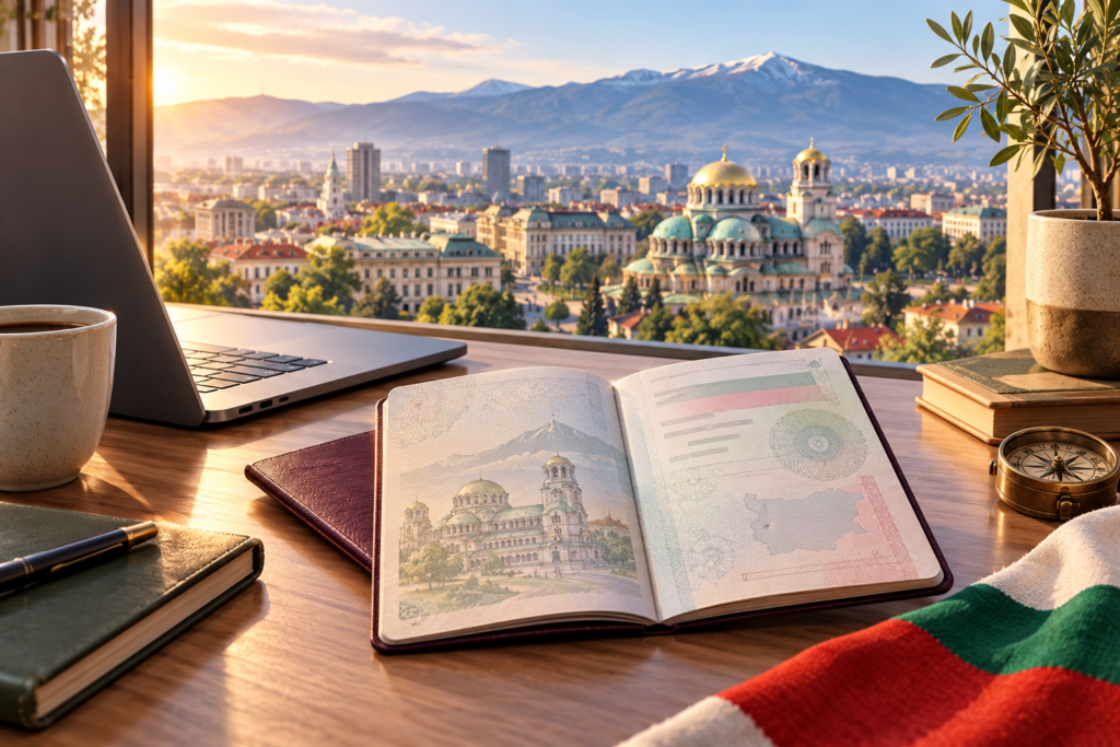 Editorial illustration of a remote-work desk overlooking Sofia with Bulgarian document motifs