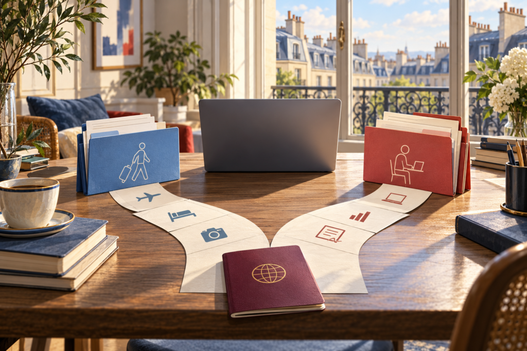 Editorial illustration of a Paris workspace with branching visitor and self-employed visa routes