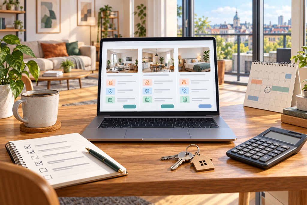 Editorial illustration of comparing furnished rental listings, costs and cancellation terms