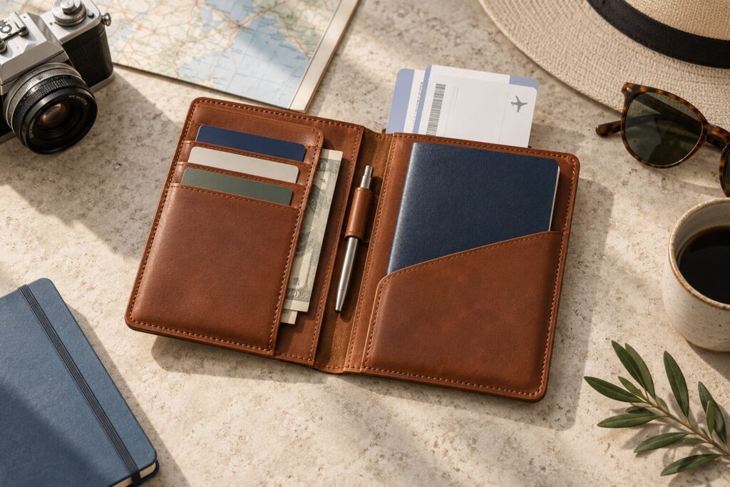 Editorial illustration of an unbranded leather travel wallet with passport, cards and pen
