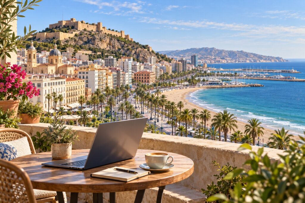 Editorial illustration of Alicante waterfront, Santa Barbara Castle and a laptop on a terrace