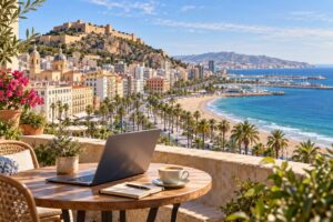 Editorial illustration of Alicante waterfront, Santa Barbara Castle and a laptop on a terrace