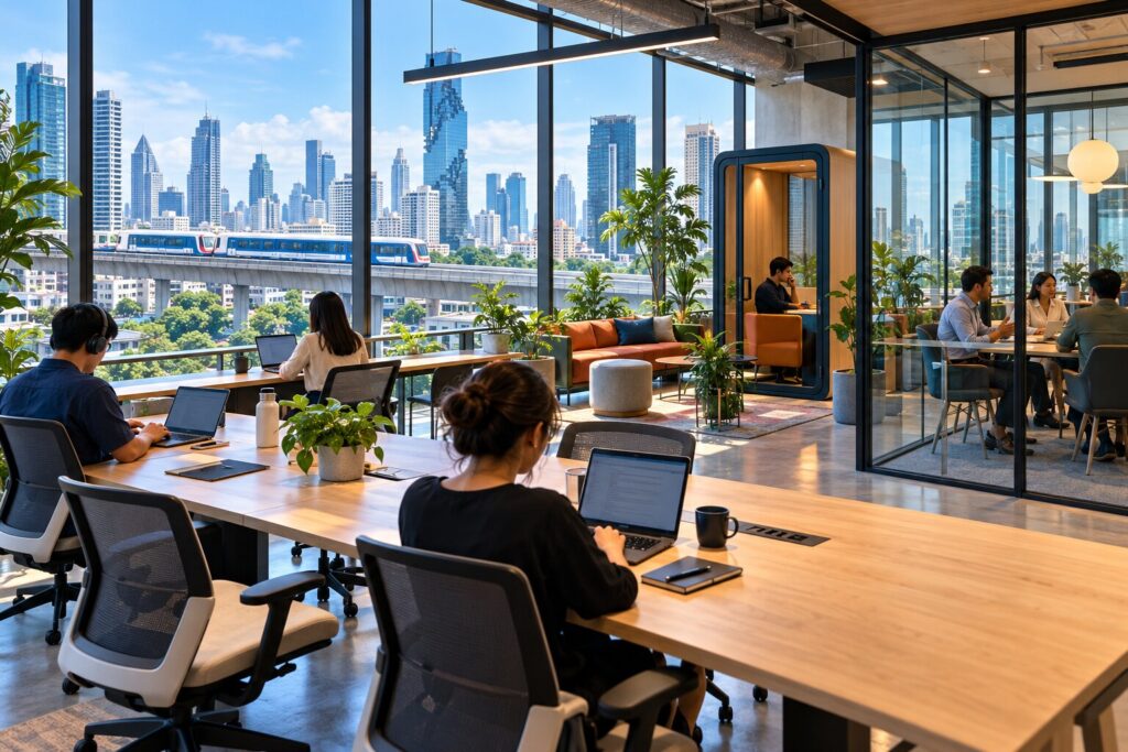 Editorial illustration of a modern Bangkok coworking space beside an elevated train line