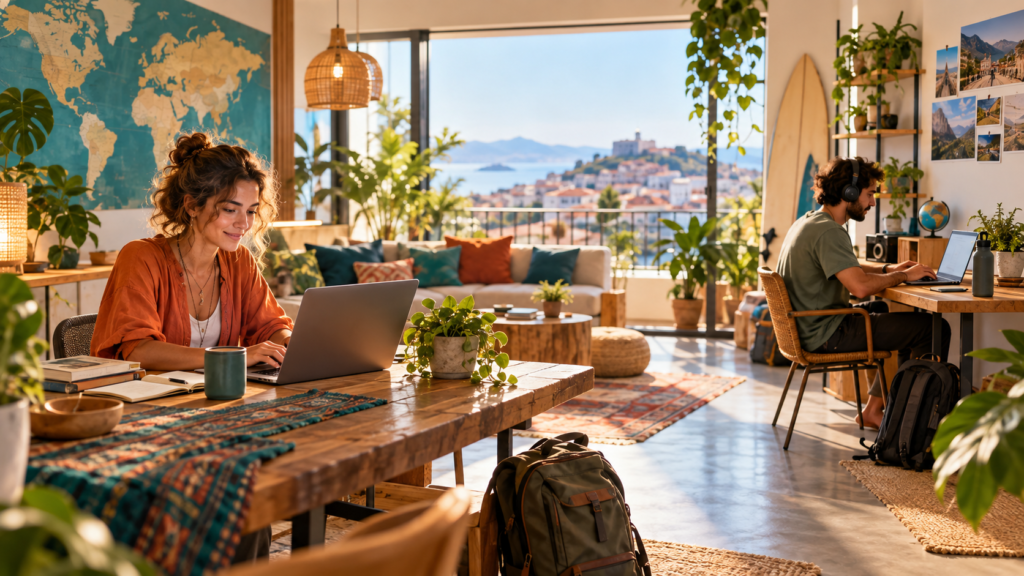 Generated editorial illustration of digital nomads working in a bright shared coliving apartment