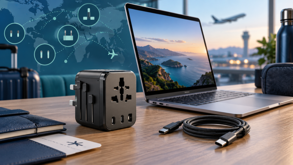 Generated editorial illustration of a universal travel adapter, USB-C cable and laptop on a travel desk