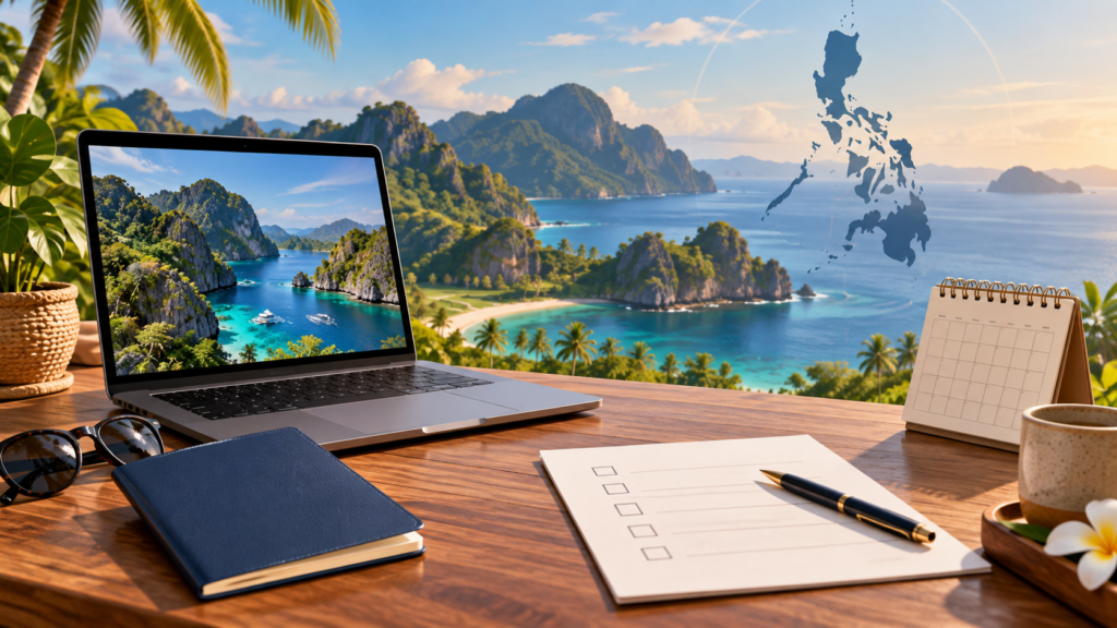 Generated editorial illustration of a laptop, checklist, calendar and Philippines map for a visa status explainer