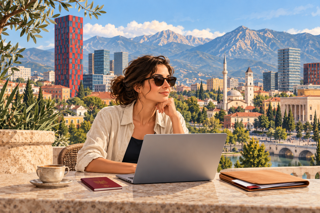 AI-generated editorial illustration of a remote worker in Tirana for Albania’s digital mobile worker permit guide