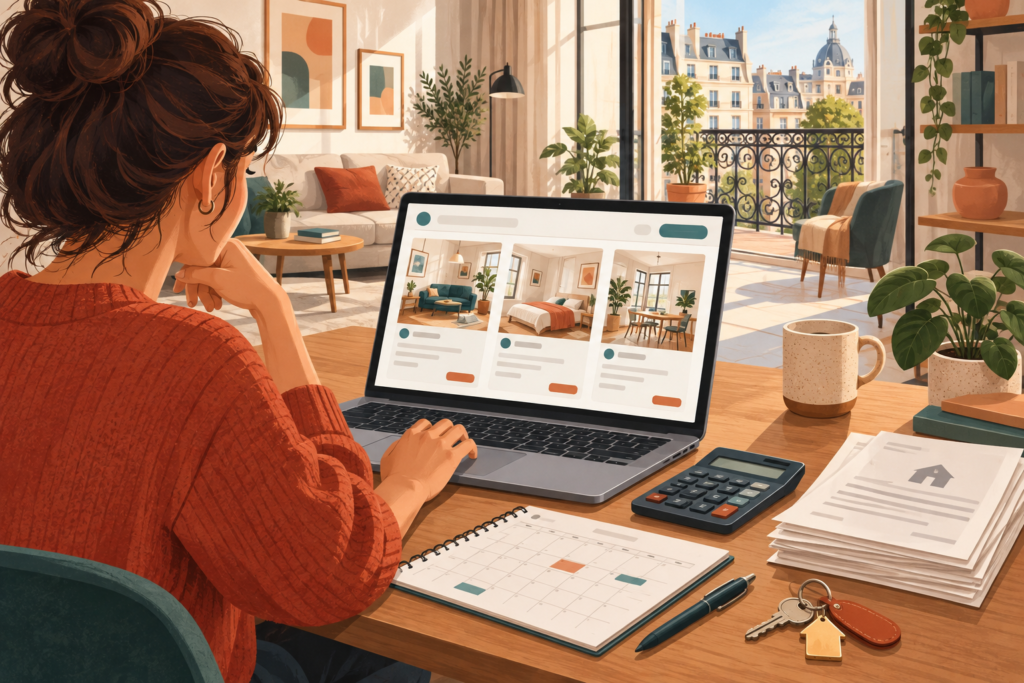 AI-generated editorial illustration of a renter comparing furnished apartments, fees and lease terms
