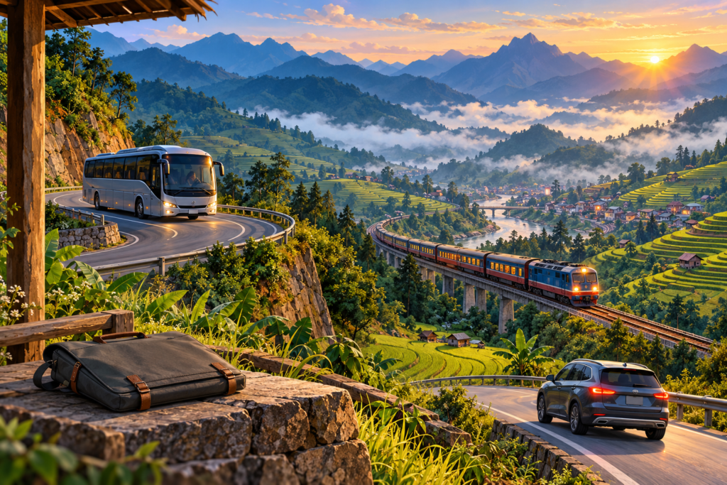 AI-generated editorial illustration comparing a bus, train and private car through northern Vietnam