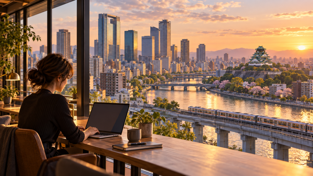 Editorial illustration of a remote worker overlooking Osaka skyline, river, railway and Osaka Castle