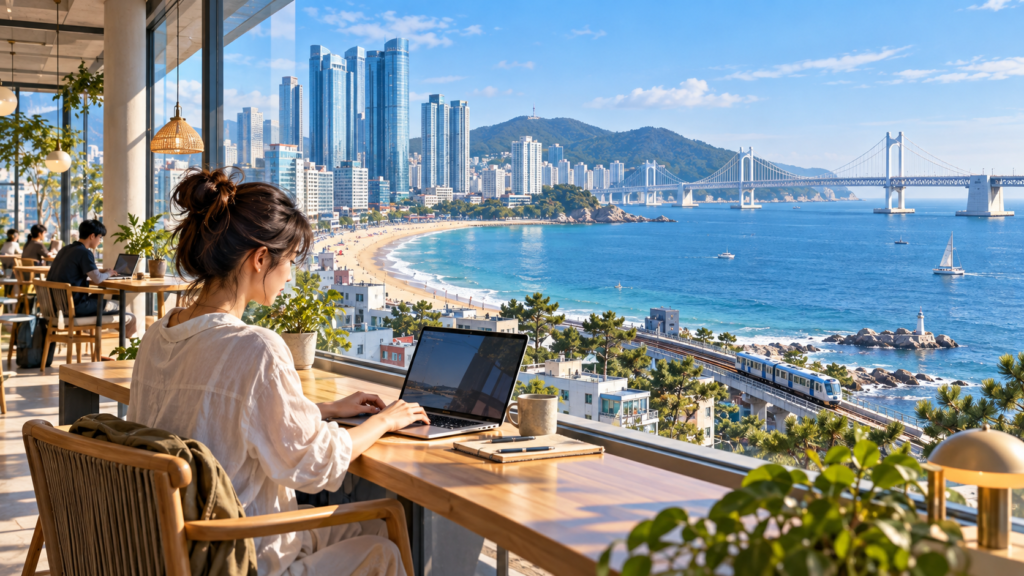 Editorial illustration of a remote worker overlooking Busan beach, skyline, bridge and coastal railway