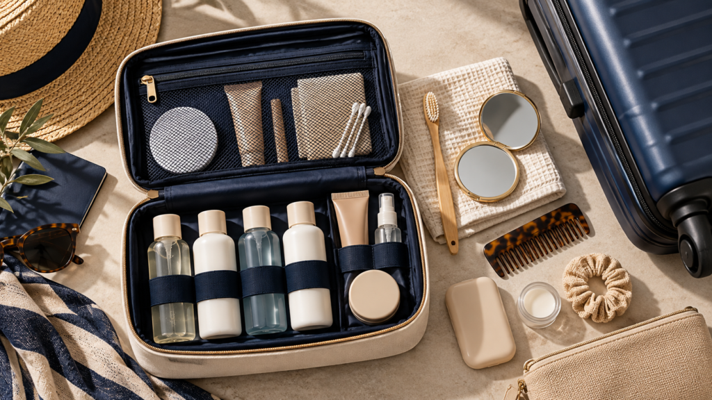 Editorial illustration of an open toiletry bag with carry-on travel essentials and refillable bottles