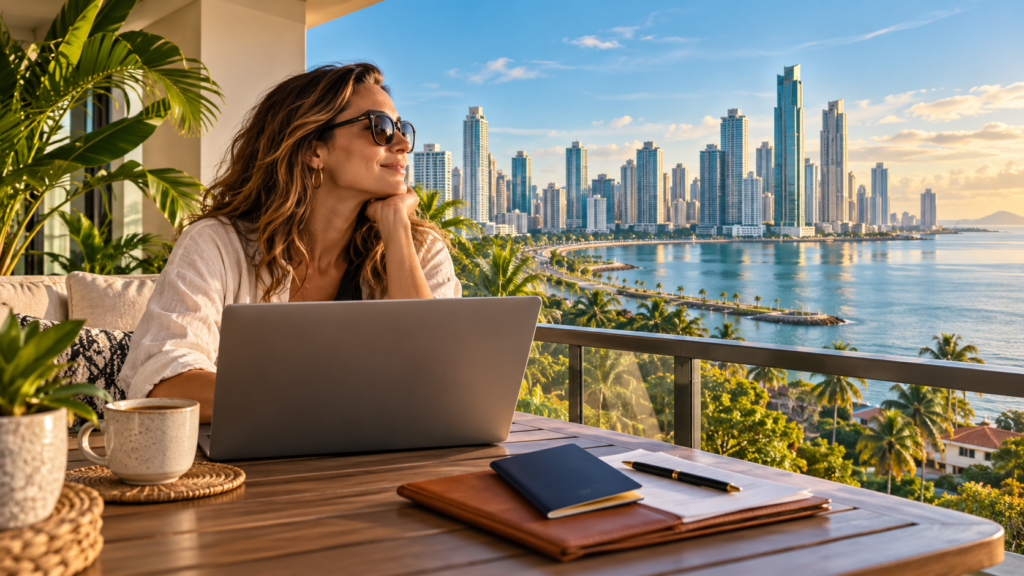 Editorial illustration of a remote professional working on a Panama City balcony
