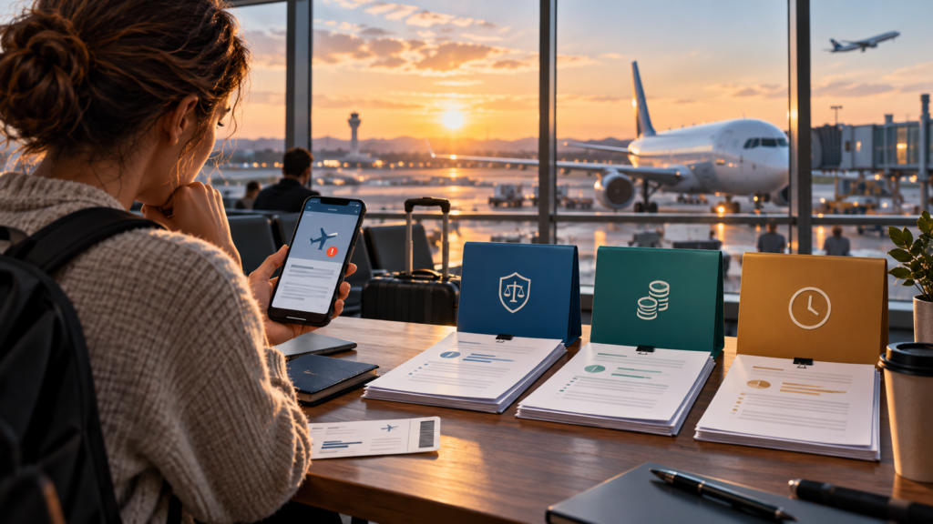 Editorial illustration of a traveler comparing flight compensation claim options at an airport