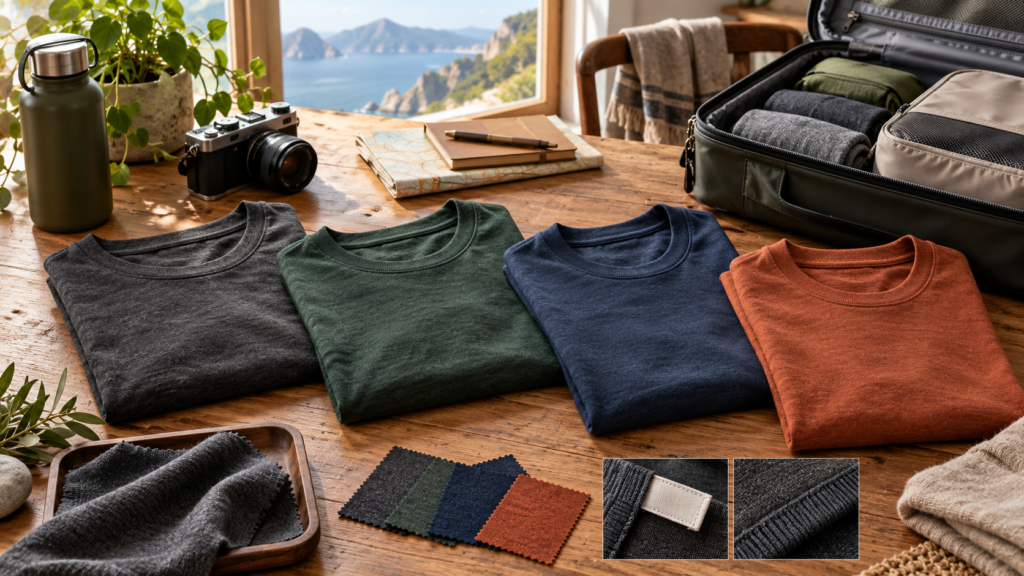Editorial illustration of four merino wool travel shirts beside an open carry-on bag
