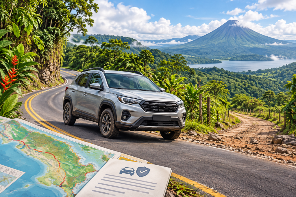 Editorial illustration of a rental SUV on a Costa Rican mountain road