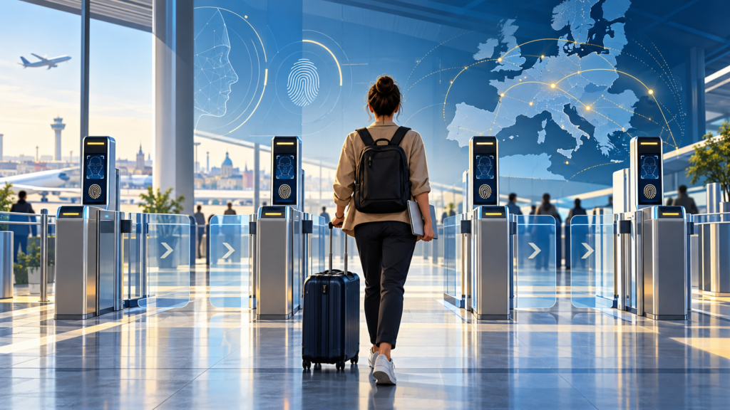 Editorial illustration of an automated European border gate for an EES and ETIAS guide