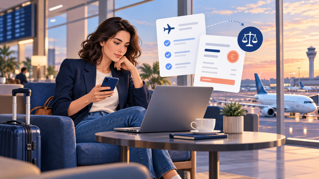Editorial illustration of a traveler reviewing a flight compensation claim