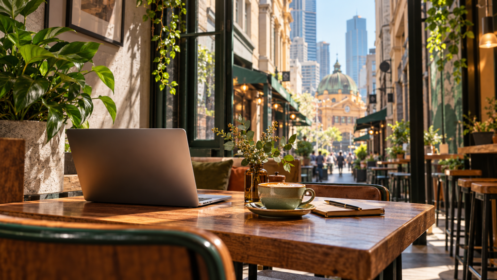 Editorial illustration of a Melbourne CBD cafe workspace with a laptop and coffee.