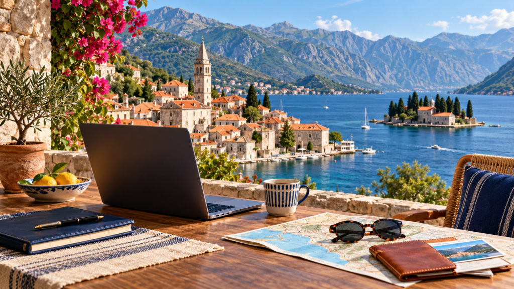 Editorial illustration of a Montenegro Adriatic remote-work setting with a laptop and travel documents.