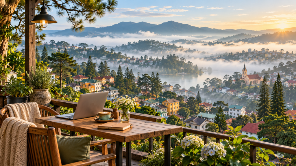 Editorial illustration of a misty Da Lat highland city workspace with a laptop.