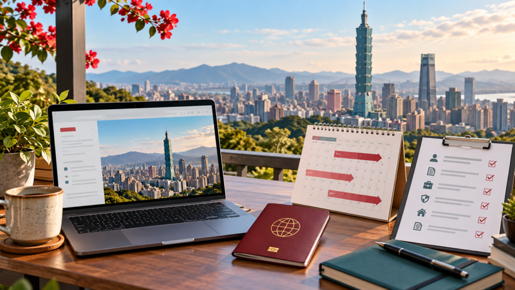 Editorial illustration of a Taiwan digital nomad visa application, calendar and Taipei skyline