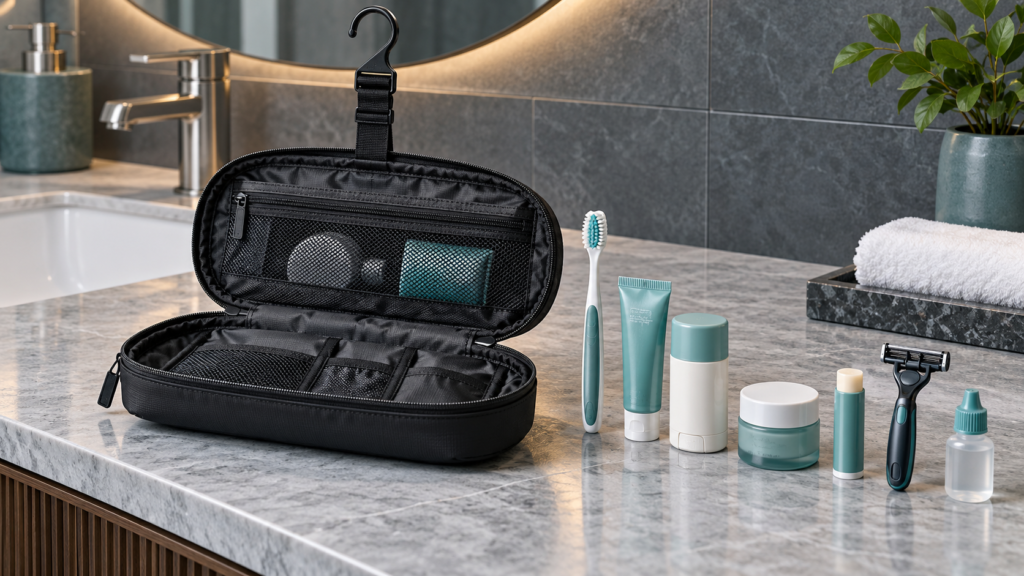 Editorial illustration of a compact hanging toiletry bag with minimalist travel toiletries