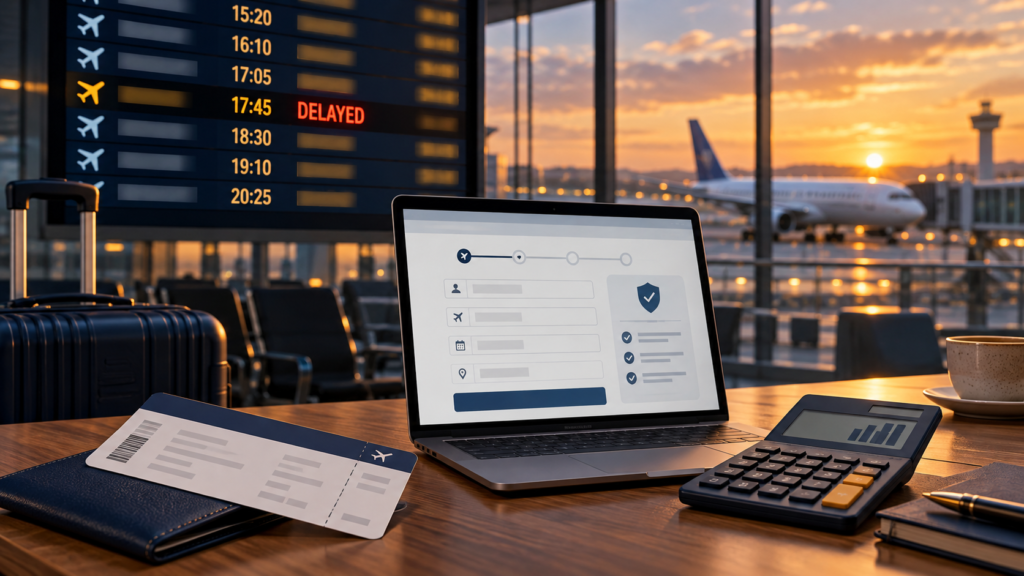Editorial illustration of a delayed flight claim form, airport board and fee calculator