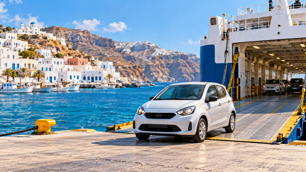 Illustration of a rental car leaving a ferry at a Greek island harbor