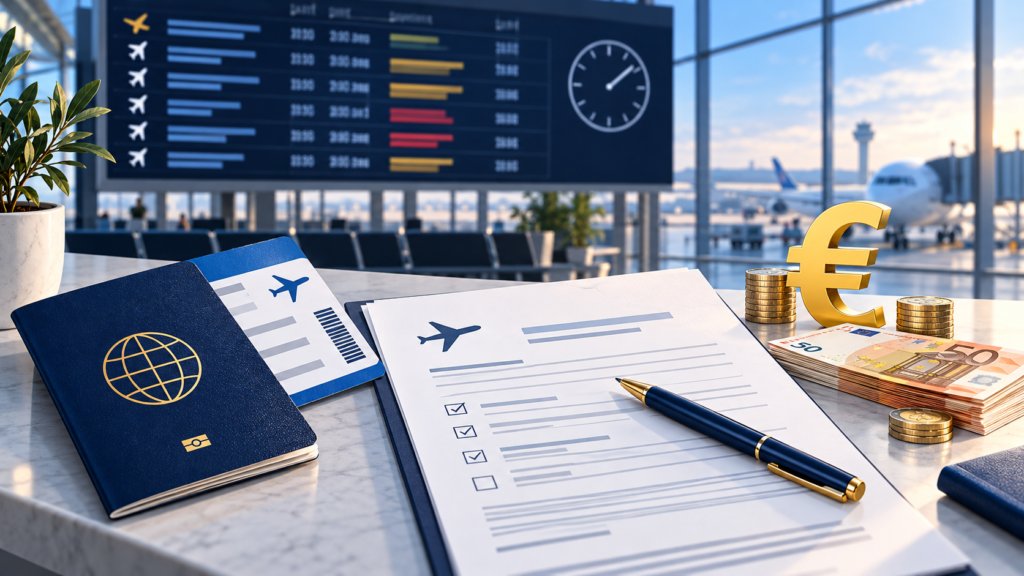 Illustration of flight compensation documents, passport and euro payment at an airport