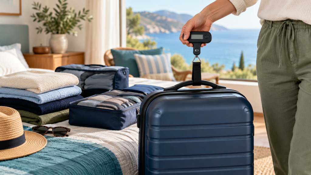 Illustration of a traveler weighing a carry-on suitcase with a digital luggage scale