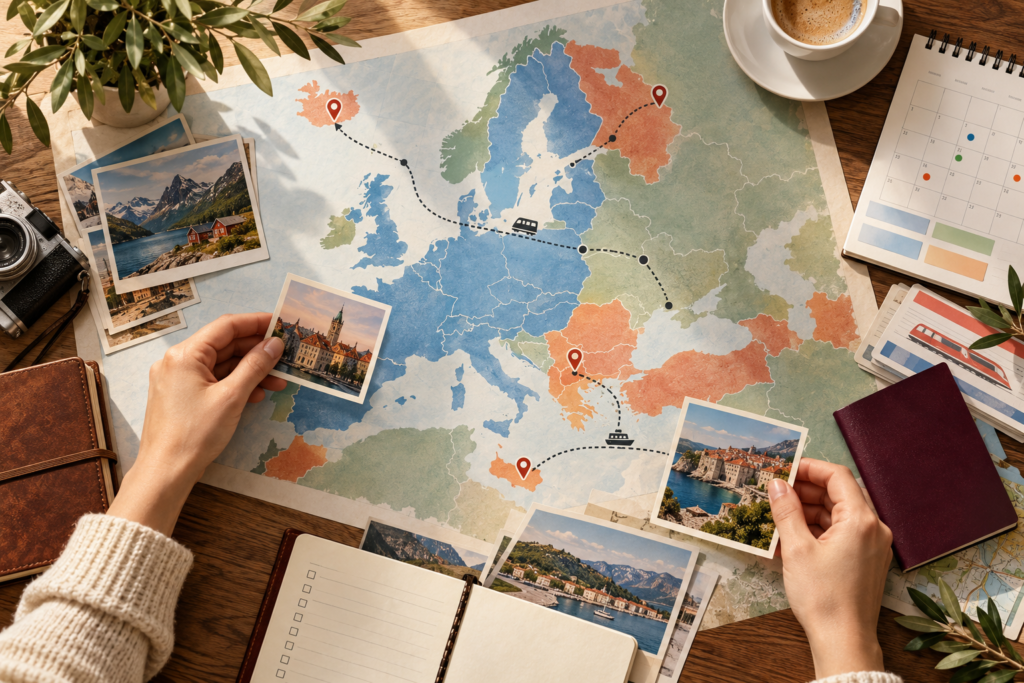 Generated editorial illustration of planning routes among non-Schengen countries in Europe